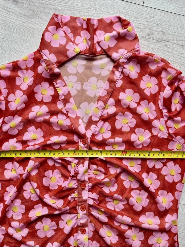 Women's Button Down Floral Shirts 2026 Summer Long Sleeve V Neck Sheer Mesh Tops - Image 9