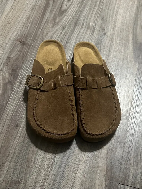 Cushionare Women’s Suede Buckle Mules in Brown - Image 3