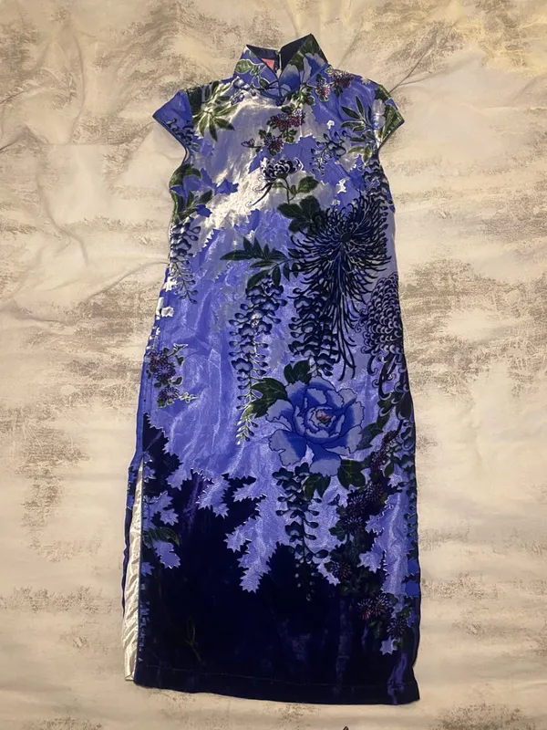 Blue Floral Cheongsam Midi Dress Size M - Image 2