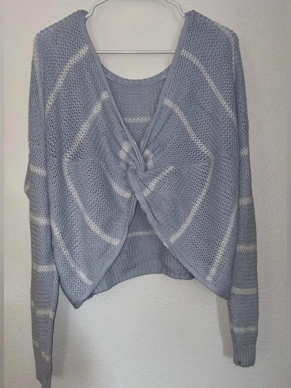 Hollister Sky Blue & White Striped Twist-Back Sweater Large - Image 2