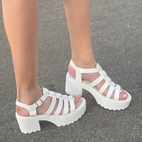 White Snake Print Gladiator Cage Lug Sole Chunky Heel Wedge - Image 4