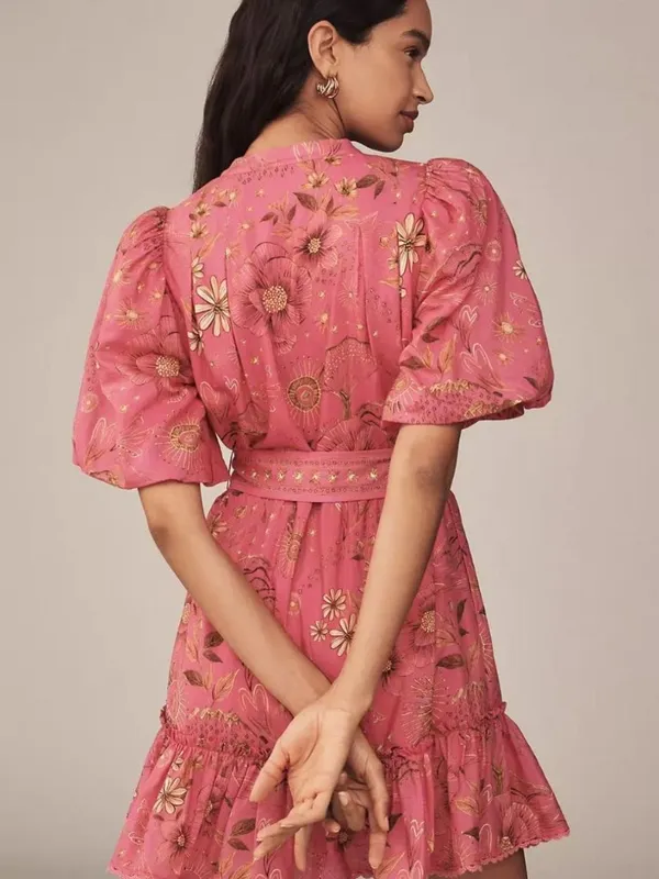 NWT Farm Rio x Anthropologie Beaded Belt Puff Sleeve Pink Mini Dress Sz SP - Image 2