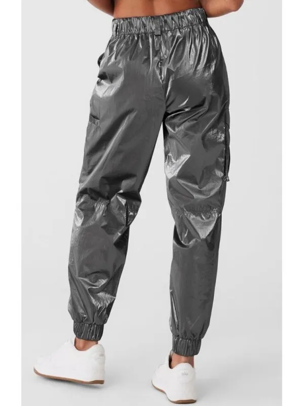 Alo Metallic High-Waist Break Line Joggers Silver Chrome Shiny Hi-Rise Waisted S - Image 2