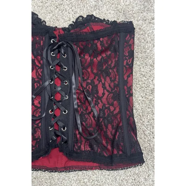 Black Red Lace Bustier Corset Top Strapless Gothic Victorian Style Size M - Image 7
