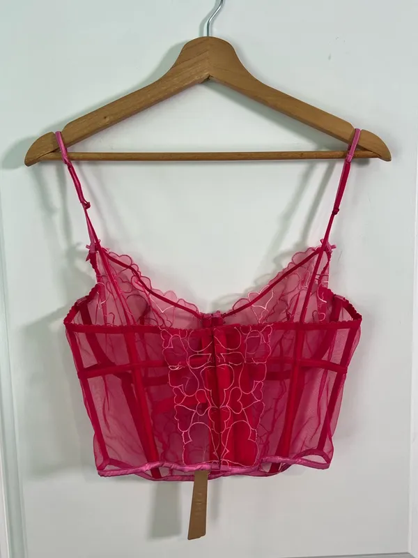 NWT SKIMS Embroidered Tulle Corset Top Pink Punch Hearts Size Large - Image 4