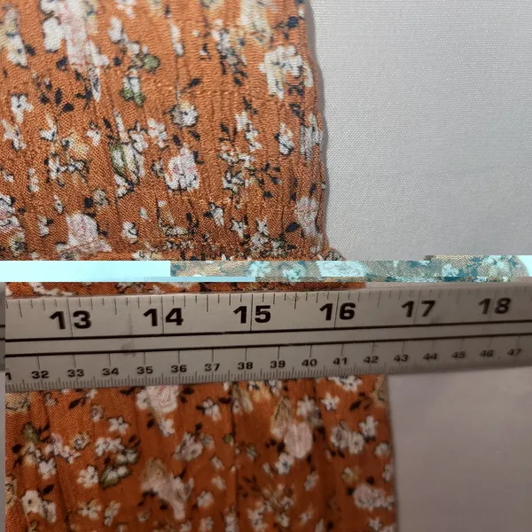 JODIFL Boho Smocked Floral Babydoll Tunic Blouse Orange Rust Ditsy Print Puff L - Image 4