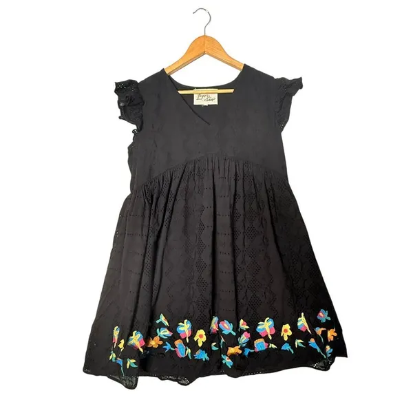 Black Eyelet Babydoll Embroidered Floral Mini Dress Size M Empire Waist Folk - Image 5