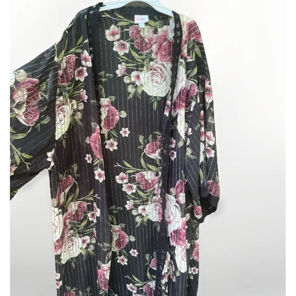 LuLaRoe Black Rose Floral Kimono Lace Duster XL Boho Whimsigoth Resort Cruise Cover Up - Image 8