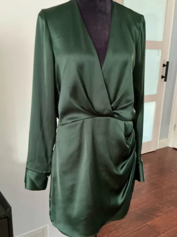 ZARA Emerald Green Satin Wrap-Style Long Sleeve Dress🌹 - Image 7