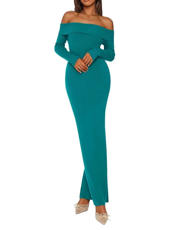 Nordstrom Off-Shoulder Teal Ribbed Maxi Dress - Elegant Women’s Evening Dress M - Image 2