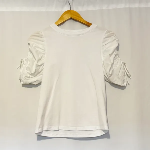 FRAME Ruched Tie‎ Sleeve Organic Cotton T-Shirt Blanc size Small - Image 2