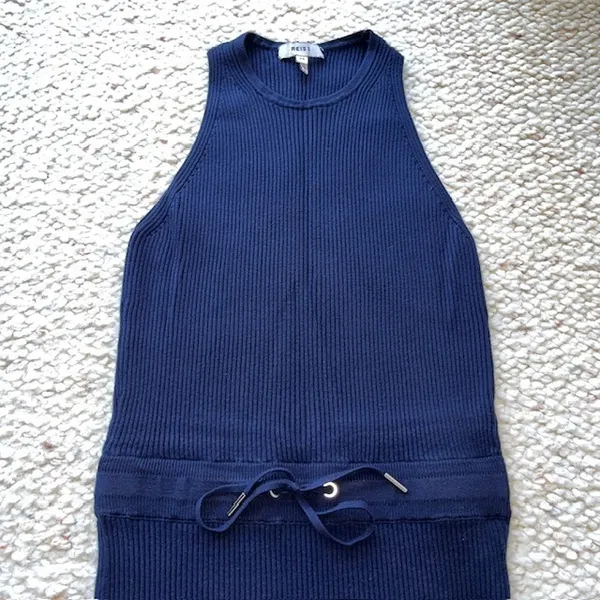 REISS Josephine Ribbed Knit Drawstring Midi‎ Dress Sleeveless Navy Blue XS - Image 3