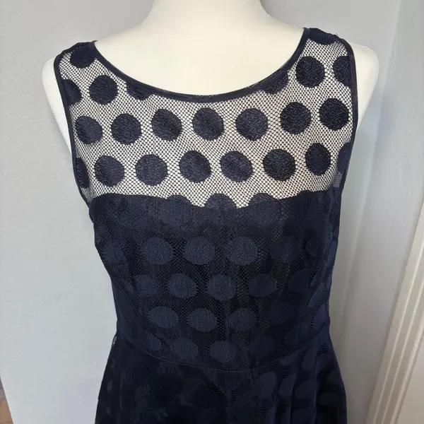 Betsey Johnson Polka Dot Mesh Lace Party Dress 10 Fit & Flare‎ Navy Textured - Image 2