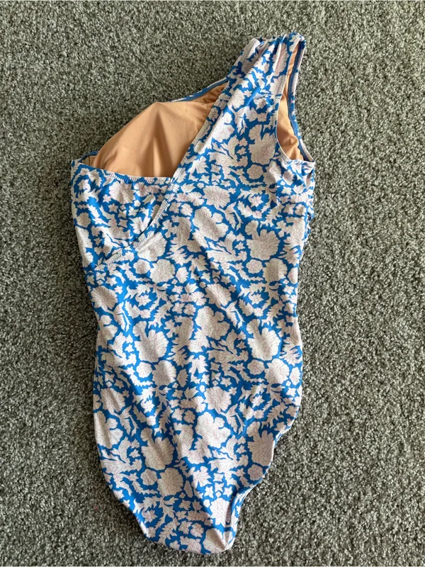 J. Crew One-Shoulder Blue and Cream Floral Swimsuit Tunny Control Flattering - Image 4