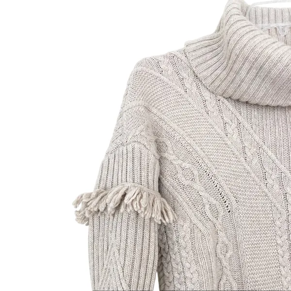 Artisan NY Wool Blend Tan Knit Turtleneck Sweater Fringe Sz M - Image 2