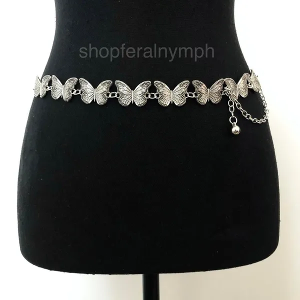 Vintage Y2K Silver Butterfly Chain Belt, Fits 12–36 Inches, X7GA1225 - Image 3