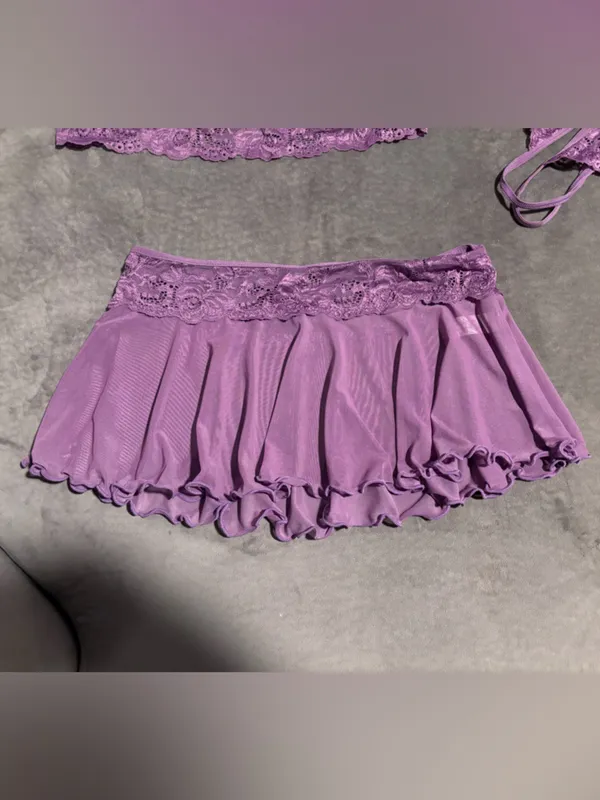 New! 3 Piece Purple Lace Bralette, Mini Skirt with G-String Crotchless - Image 4