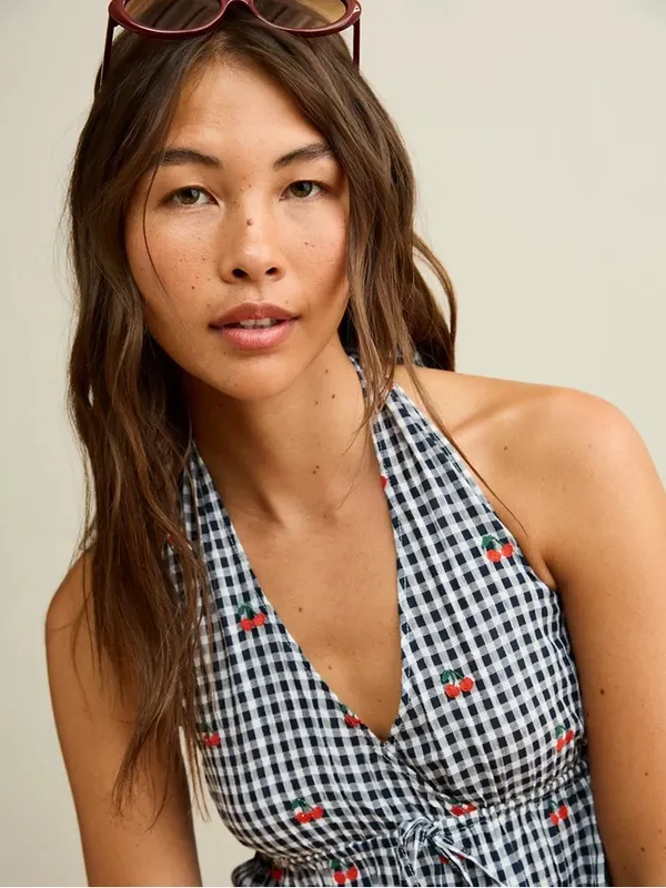 American Eagle Cherry Gingham Halter Peplum Top XS Embroidered Babydoll Y2K - Image 6