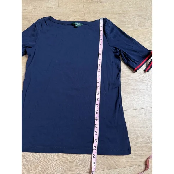 EUC Womens‎ Lauren Ralph Lauren boat neck Navy red stripe bow short sleeve top L - Image 4