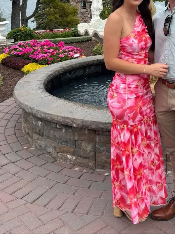 SHEIN Pink Floral One Shoulder Maxi Dress Elegant Floral Asymmetrical Neck small - Image 2