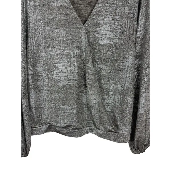 Anthropologie Silver Metallic Faux Wrap Blouse Long Sleeve Shimmer Top XS Party - Image 4
