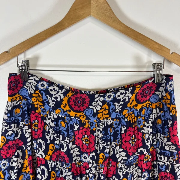 Maeve Anthropologie Floral Paisley Tiered Mini Skirt Navy Pink Orange‎ Large - Image 2