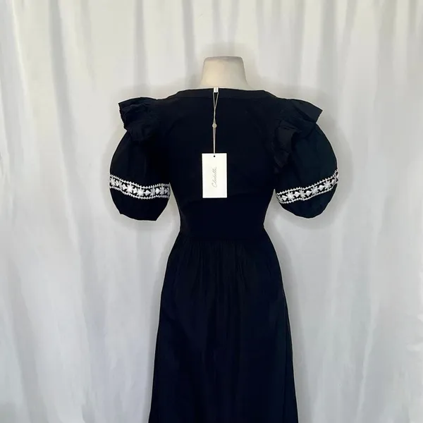 NWT!! CLEOBELLA‎ Selma Midi Dress Embroidered Black Ruffle Puff Sleeves X-Small - Image 10