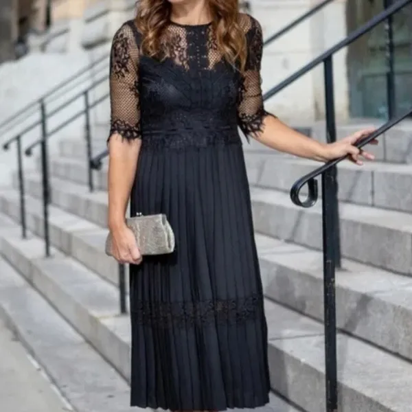 Zara Basic Black Lace Pleated Midi Dress Sz Large 3/4 Sleeves Sheer Back | 65-32 - Image 2