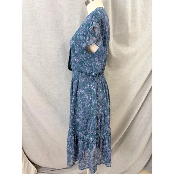 Voy Teal Blue Floral‎ Midi Dress Smocked Waist Flutter Sleeve L Cottagecore - Image 8