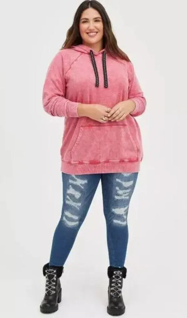 Torrid Plus Classic Fit Cozy Fleece Distressed Pink Drawstring Raglan Hoodie - Image 5