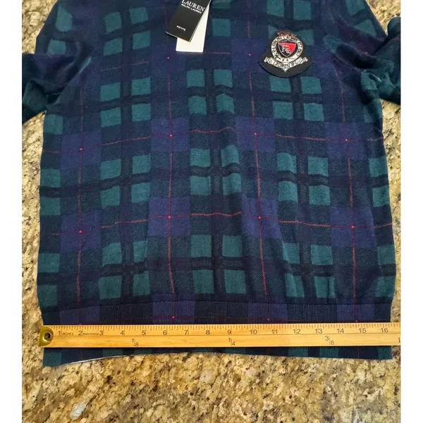 Lauren Ralph Lauren Women Black Watch Plaid Green Sweater Beaded Crest Size PXL - Image 12