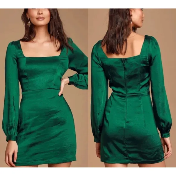 Lulus Got The Love Emerald Green Satin‎ Square Neck Mini Dress Size Small NEW - Image 2