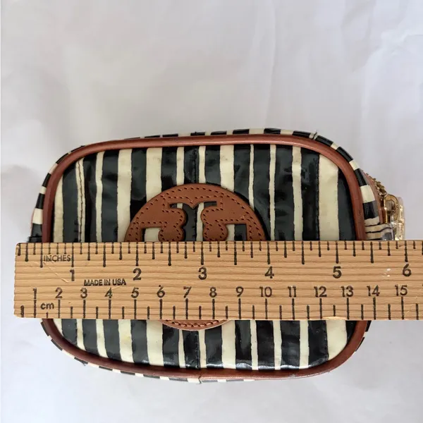 Tory Burch Black & White Striped Cosmetic Pouch Brown Logo Trim - Image 4