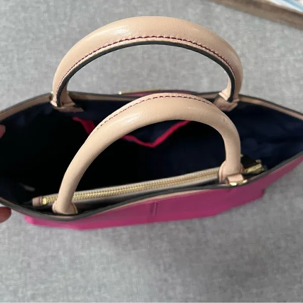 Tommy Hilfiger Leather Purse Magenta Cranberry Tan Double Handle Bag - Image 6