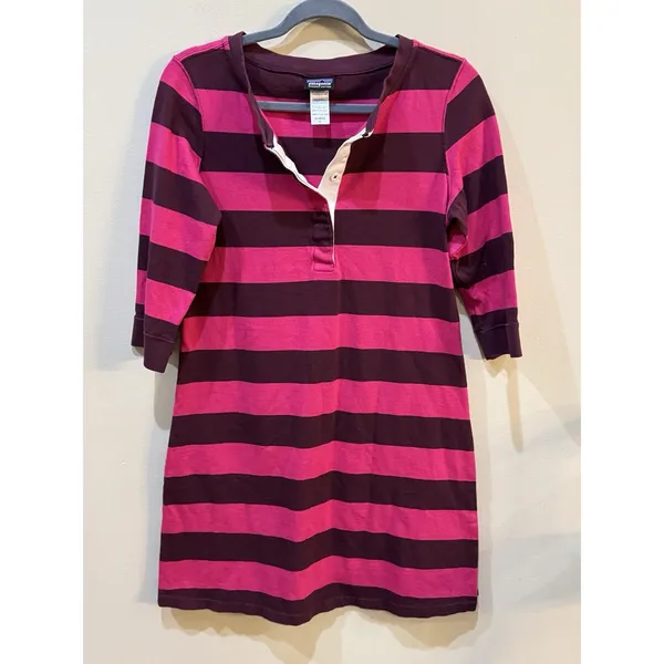 Patagonia Women 3/4 Sleeve Sender Stripe‎ Mini Dress Pink Organic Cotton Medium - Image 2