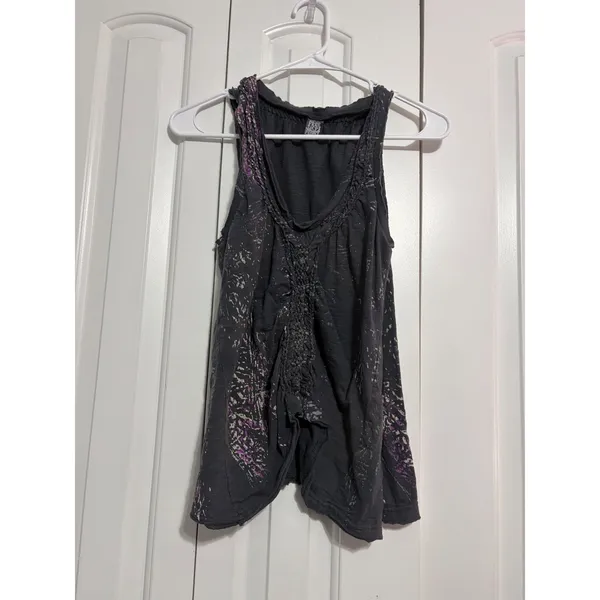 Free People Tank Top Boho Distressed Charcoal Purple Braided Ruched Medium - Image 2