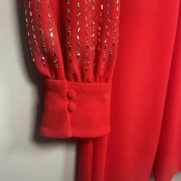 Calvin Klein Red Beaded Sleeve‎ Sheath Midi Dress Size 6 Holiday Party Cocktail - Image 6
