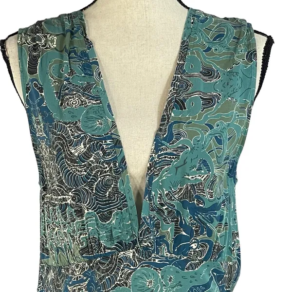 Zadig & Voltaire Small Asymmetrical Dress Sleeveless Deep V-Neck Teal Abstract - Image 2
