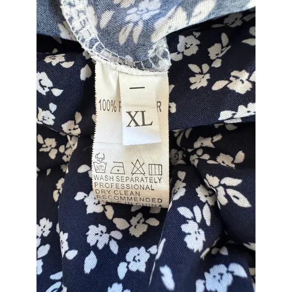 Navy & White Floral Pleated Scoop Neck Elastic Waist Short Sleeve Midi Dress - Image 8