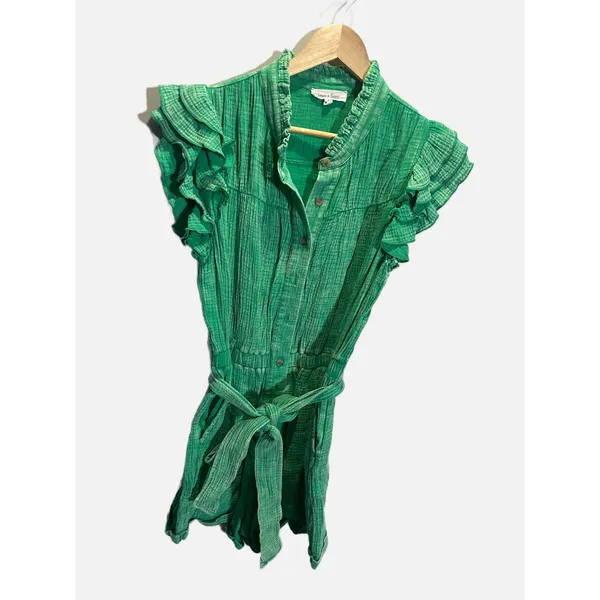 Sewn + Seen Romper Womens L Green Ruffle Sleeve Button Front Gauze Boho Summer‎ - Image 2