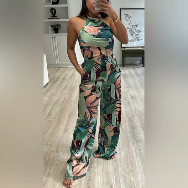 Rachel Zoe Women’s 2-Piece Tropical‎ Palm Print Satin Halter & Pant Set Small - Image 15
