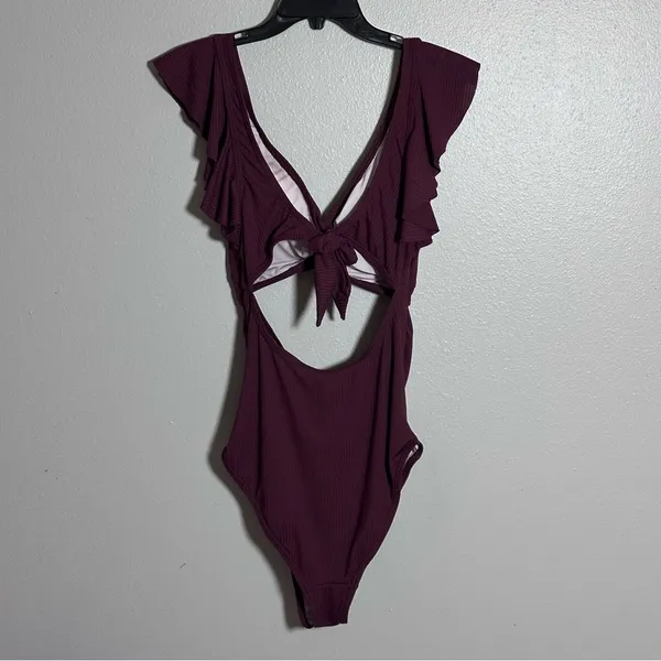 Charmo Women Maternity‎ Burgundy Ribbed Swimsuit One Piece size L - Image 8