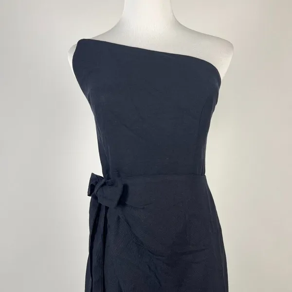 NWOT Farm Rio Linen Blend Black One Shoulder Bow Smocked Wrap Maxi Dress Sz M - Image 5