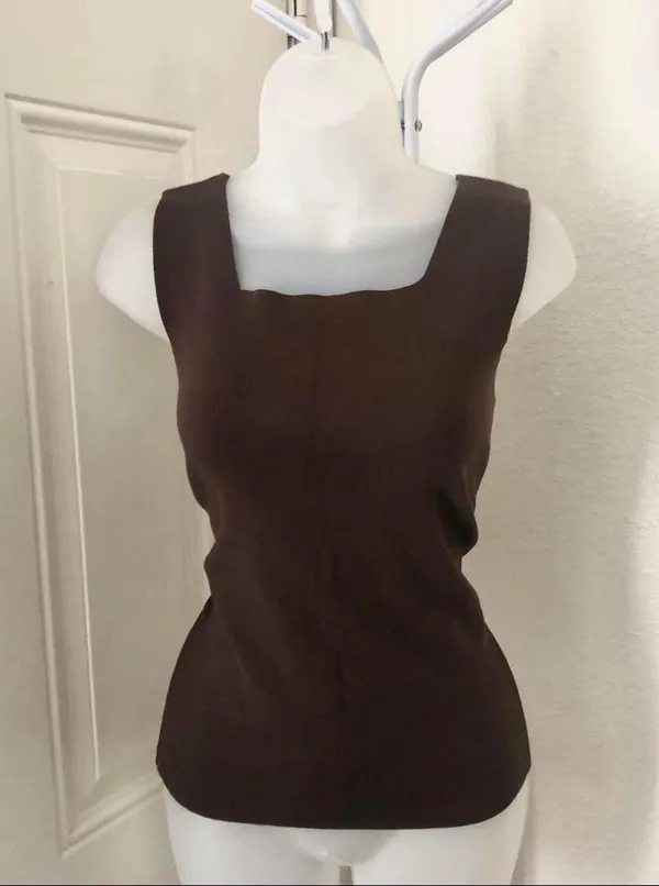 1990s Designers Originals chocolate Brown square scoop neck sleeveless tank top blouse office siren core - Image 4