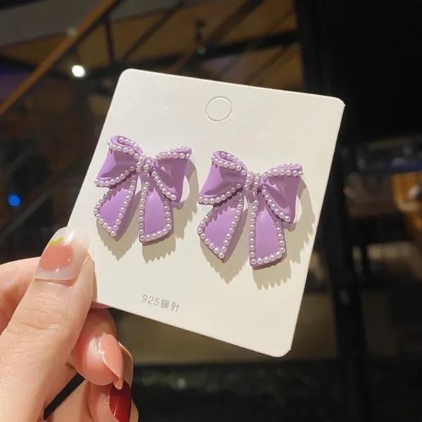 Purple Bow Pearl Stud Earrings for Women - Image 2