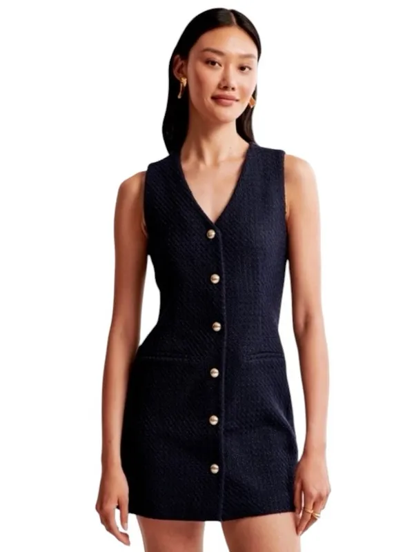 Abercrombie - Mara Tweed Vest Mini Dress Black Gold Buttons Sz Large Tall - Image 2