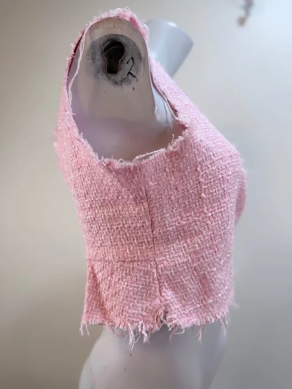 Handmade OOAK Pink Tweed Boucle Fringe Crop Top You Go Girl Back S M Barbiecore - Image 3