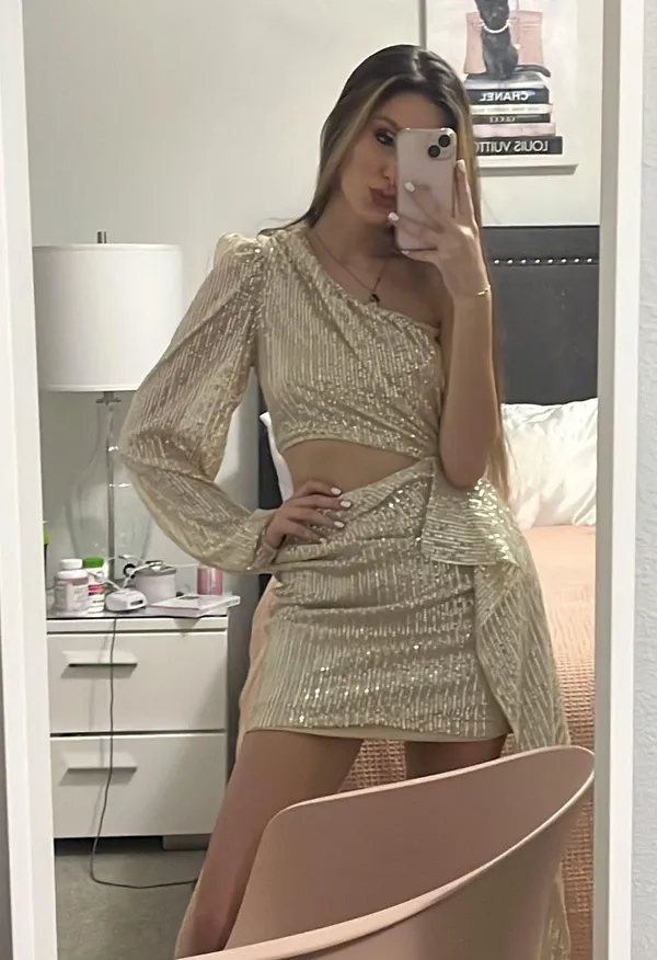 Double Crazy One Shoulder Cut Out Draped Side Sequin Bodycon Cocktail Dress - Image 4