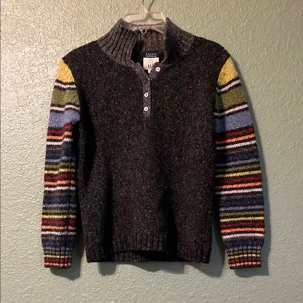 ANTHROPOLOGIE COUSIN JOHNNY Wool Blend Striped Sleeves Gray Sweater Unisex - Image 4
