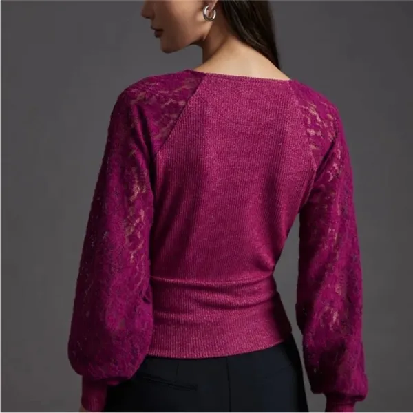 Anthropologie Lace Sleeve Women’s Medium Berry Pink Ribbed Feminine Flirty - Image 2